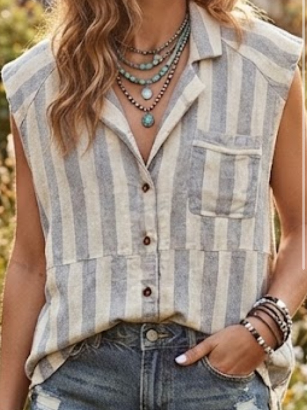 By Together Striped Sleeveless Button Down Blouse S Blue Gray Cream Linen Blend